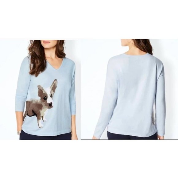 J Jill Light Blue Corgi Graphic Vneck 